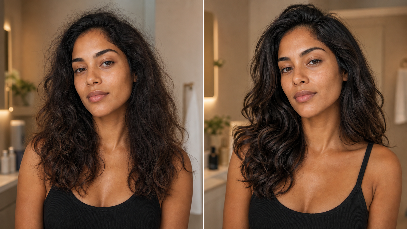 Comparacao de antes e depois com cabelo com frizz e cabelo mais alinhado e brilhante