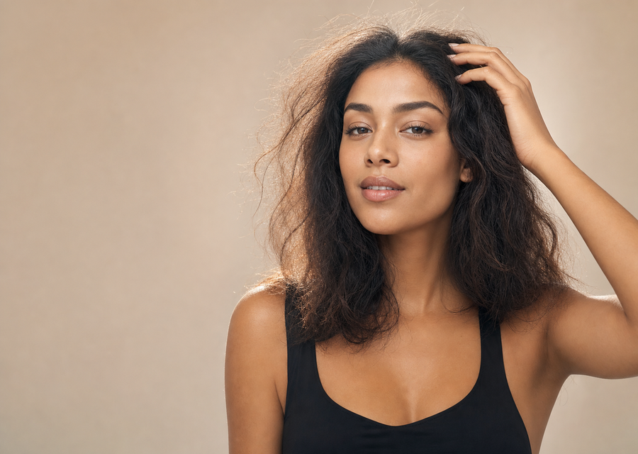 Mulher com cabelo com frizz e fios arrepiados