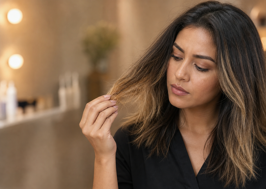 Mulher com cabelo sensibilizado por pos-quimica