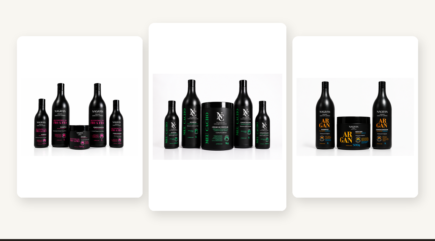 Produtos Nagran das linhas Argan, Meu Cacho e Reconstrucao Fio a Fio